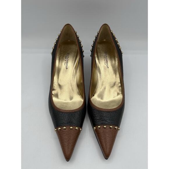 Dolce & Gabbana Studded Leather Kitten Heels Black Brown Made In Italy Sz 38 - Picture 2 of 11